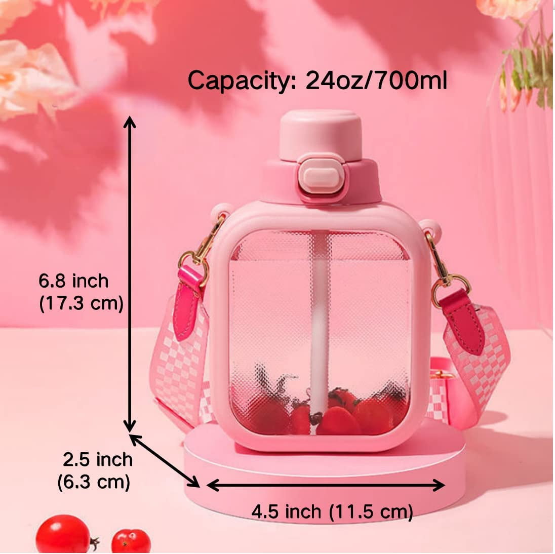 24 Oz Cute Clear Water Bottle Cold Chil Icel with Straw Portable Kawaii Transparent Bottles with Adjustable Strap for School Travel Camping Sports Travel (B-Green)