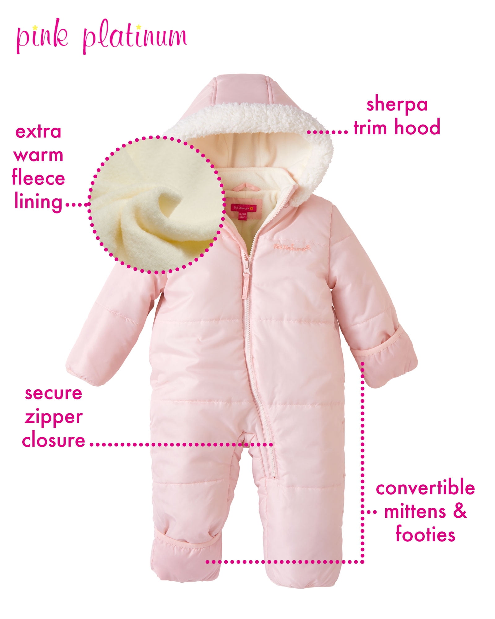 Pink Platinum Baby Girls Snowsuit Fleece Lined Insulated Zip Up Winter Coveralls with Sherpa Hood