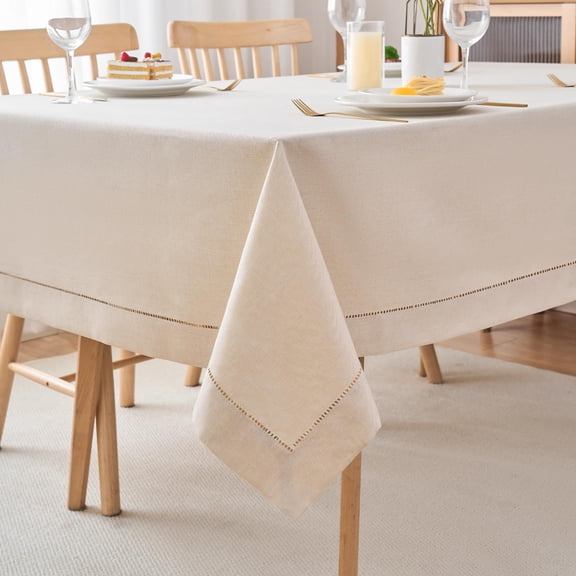 Handmade Hemstitch Linen Blend Solid Color Tablecloth, Rectangular 70"x52", for Dining Table, Picnic, Parties, Wedding & Home Decor, Natural Cream
