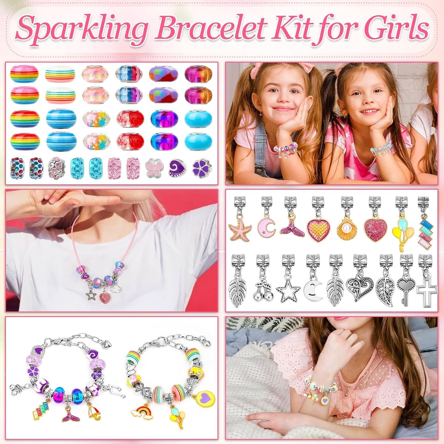 63 PCS Bracelets Making Kit, PandaTop DIY Jewelry Making Kit for Girls, Charm Bracelet Making Kit with Expandable Bangles for Jewelry Making Bangle Bracelets (with Gift Box )Pink