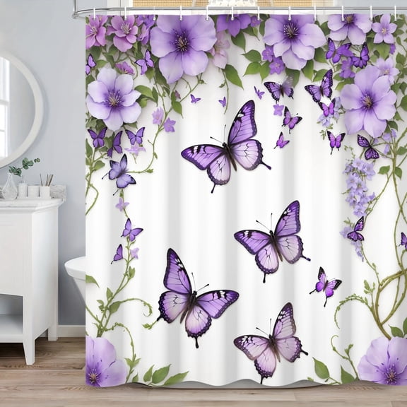 SUNOLIFE Purple Shower Curtain Butterfly Waterproof Fabric Bathroom Shower Curtains, 72x72 in