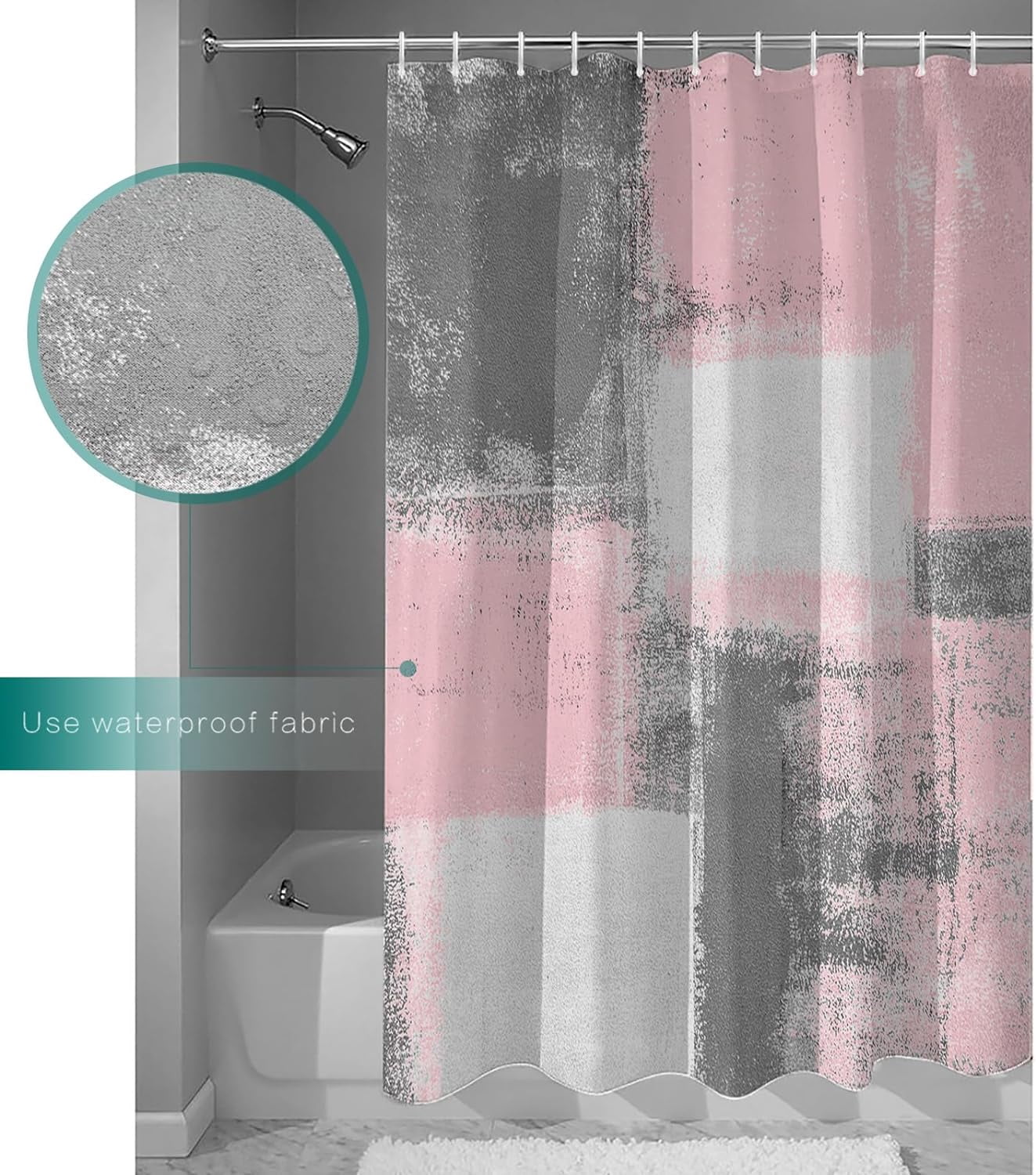 Pink Shower Curtain Lightweight Abstract Pink Shower Curtains with Hooks, Pink and Grey White Oil Painting Waterproof Bath Curtain for Bathroom,Pink Geometric Ombre Bathtub Decor 72 X 72 Inch