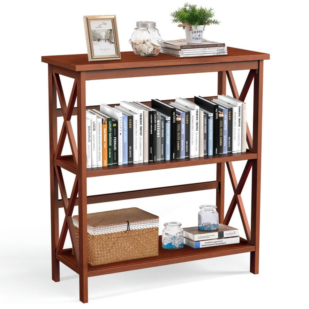 Demi Bonn 3-Tier Wooden Bookshelf, Multi-Functional X-Design Etagere Storage Bookcase, Brown