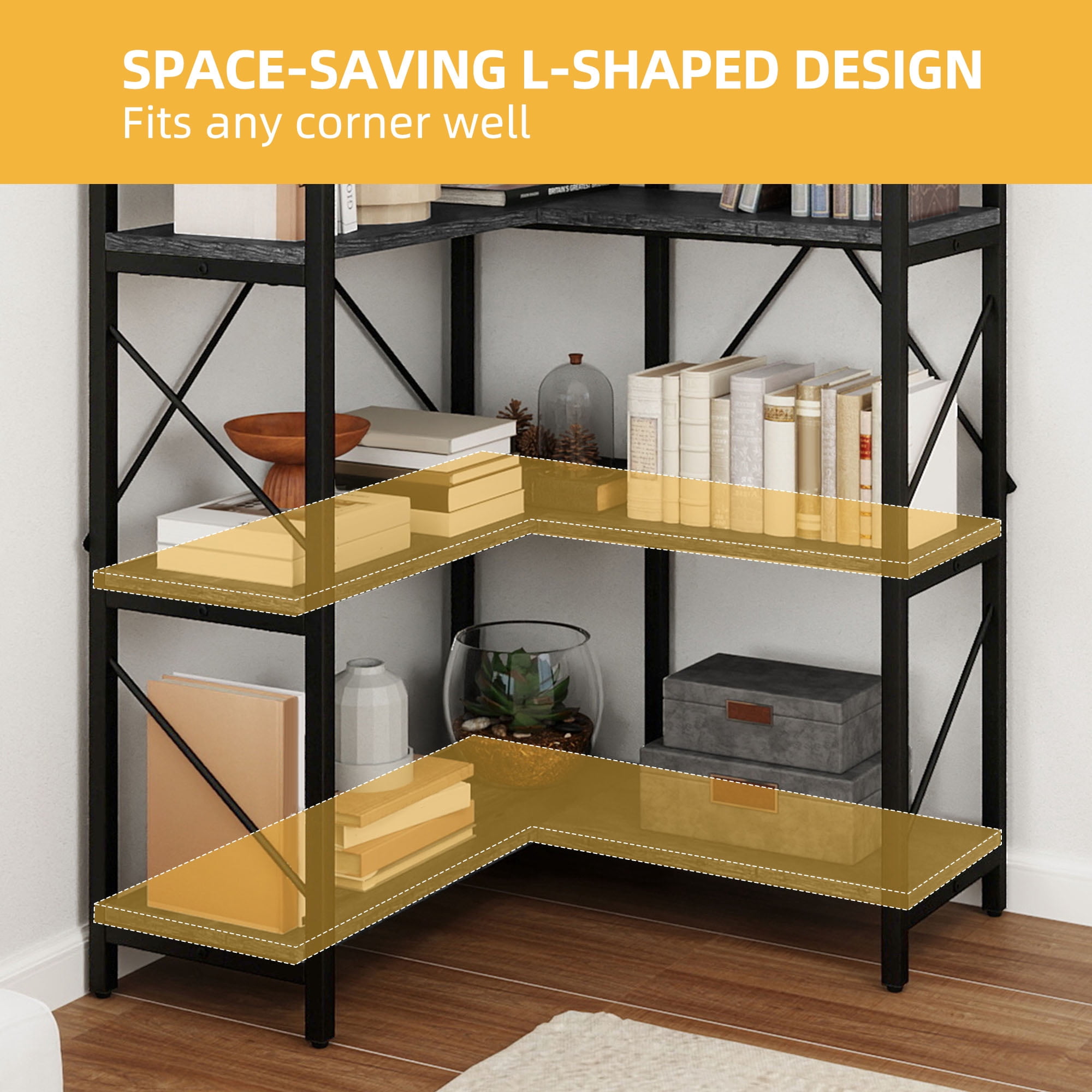 Uforic 5-Tier Corner Bookshelf, Corner Shelf Display Bookcase with Metal Frame for Home Office, Black