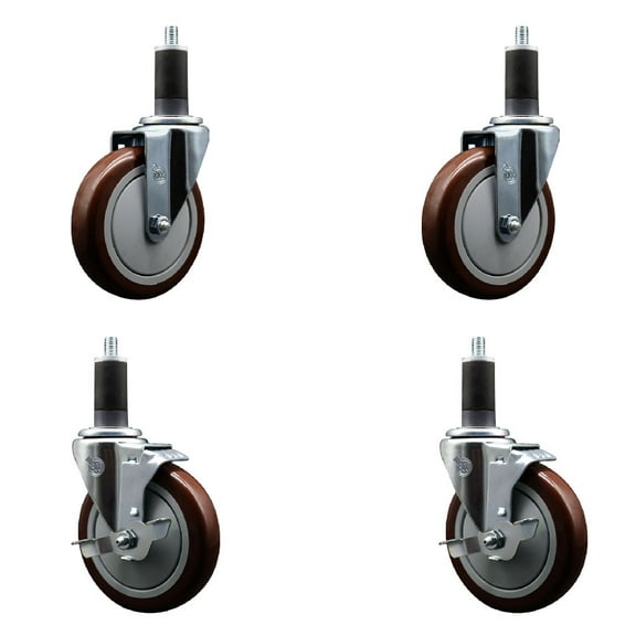 5 Inch Maroon Poly Wheel Swivel 1-1/4 Inch Expanding Stem Caster Set 2 Brakes
