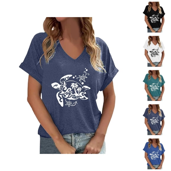 Sea Turtle T Shirts for Women 2026 Summer Casual Short Sleeve V Neck Nature Graphic Tees Boho Tops