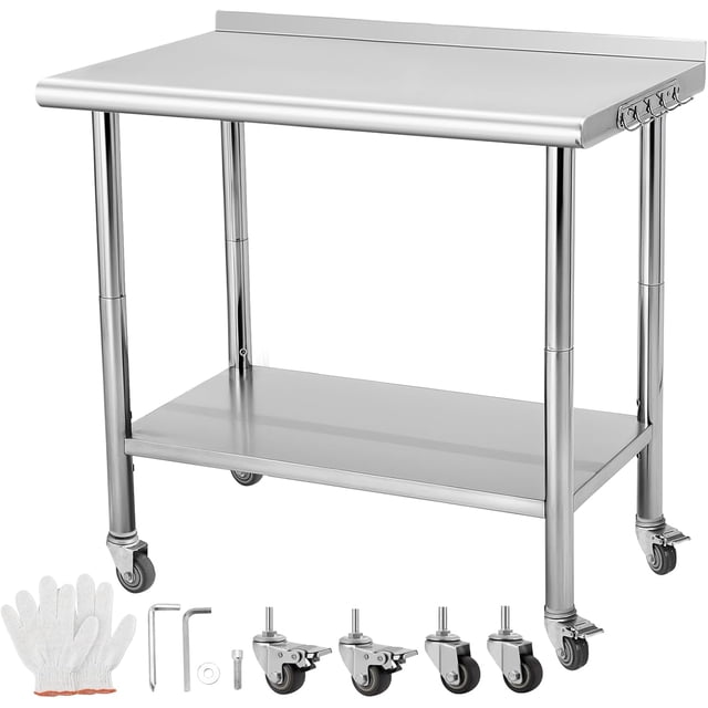 Table de Travail Roulante en Acier Inoxydable 36x24 Po avec 4 Roues, Crochets et Dosseret, Tablette Réglable à 3 Niveaux, Table de Préparation Robuste pour Cuisine et Garage
