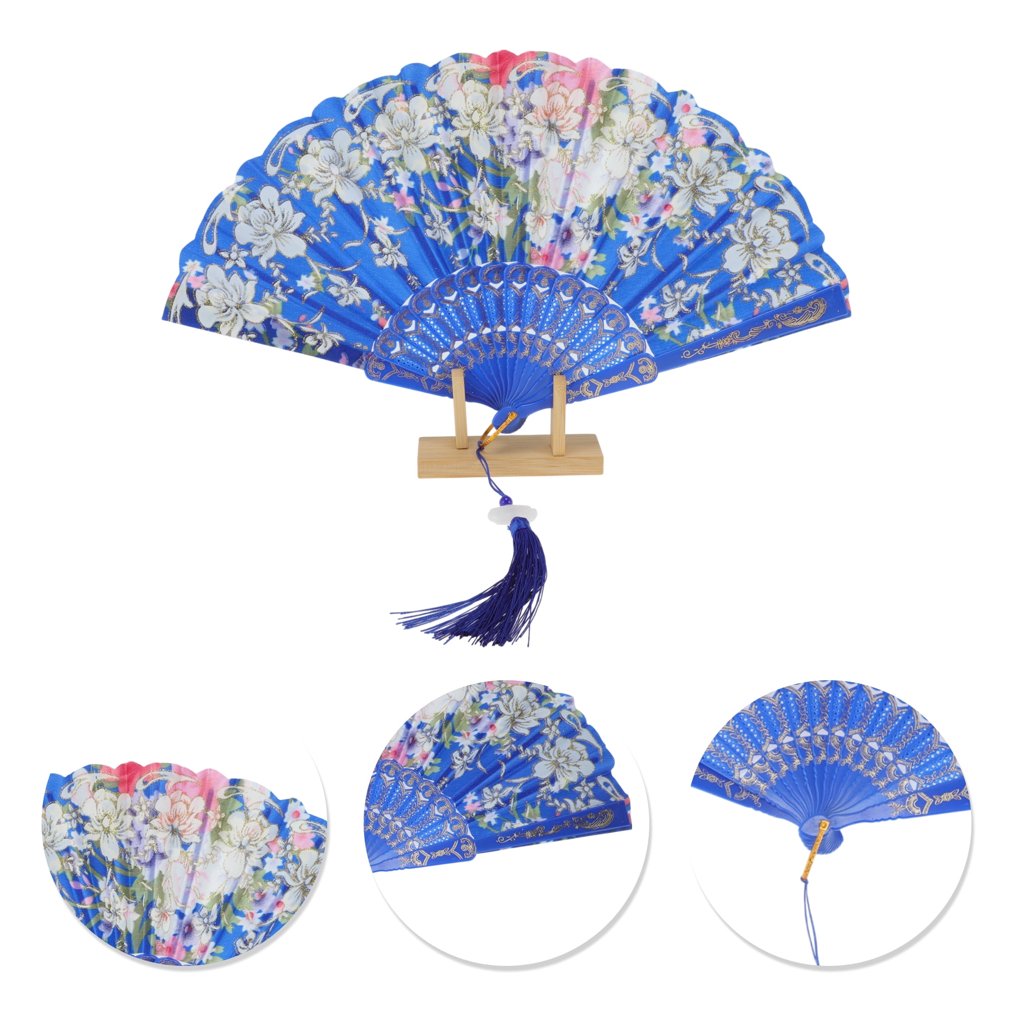 Unique Bargains Floral With Tassel Folding Fan 1Pc Blue