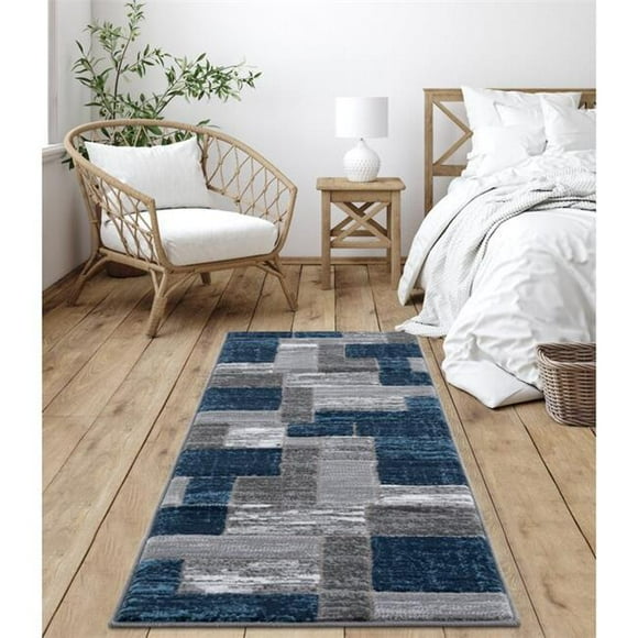 Lbaiet SL973B26 Blue Verena Tapis de Couloir Géométrique 2 x 6 Pi, Bleu & Gris