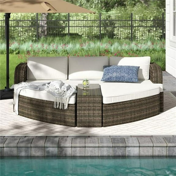 Direct Wicker PAL-1202 Patio & Garden Daybed with Coffee Table, Brown with Beige Cushion