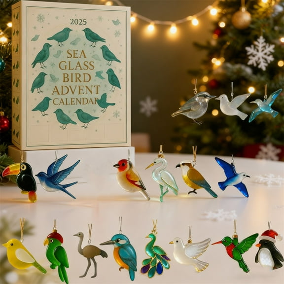 2025 Sea Glass Advent Calendar with 24 Handcrafted Bird Ornaments, Luminous Natural Glass, Decorative Christmas Countdown, Elegant Seasonal Gift & Decor