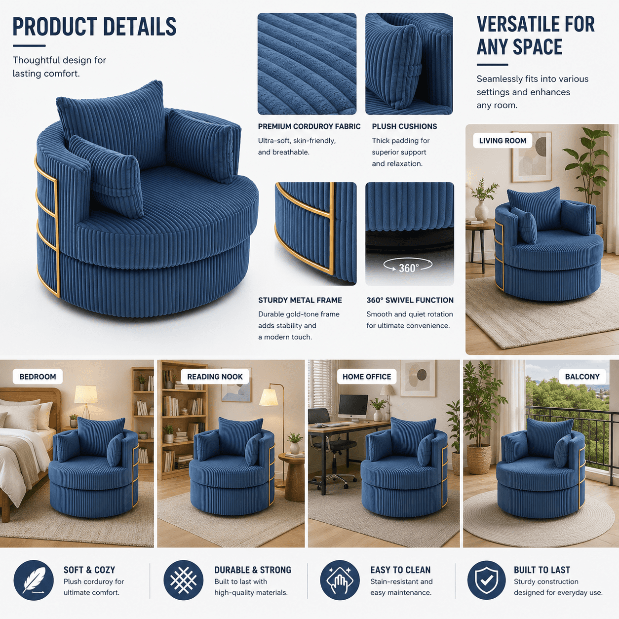 MOONMISS Swivel Barrel Accent Chair with Hidden Storage,Corduroy Round Single Sofa,Gold Metal Frame,for Living Room Reading Nook,Blue