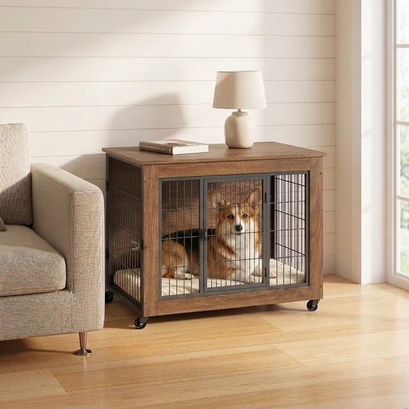 32.5-inch wheeled dog crate, double-door sturdy metal dog crate, wooden pet crate side table, suitable for small dogs and anxious dogs.