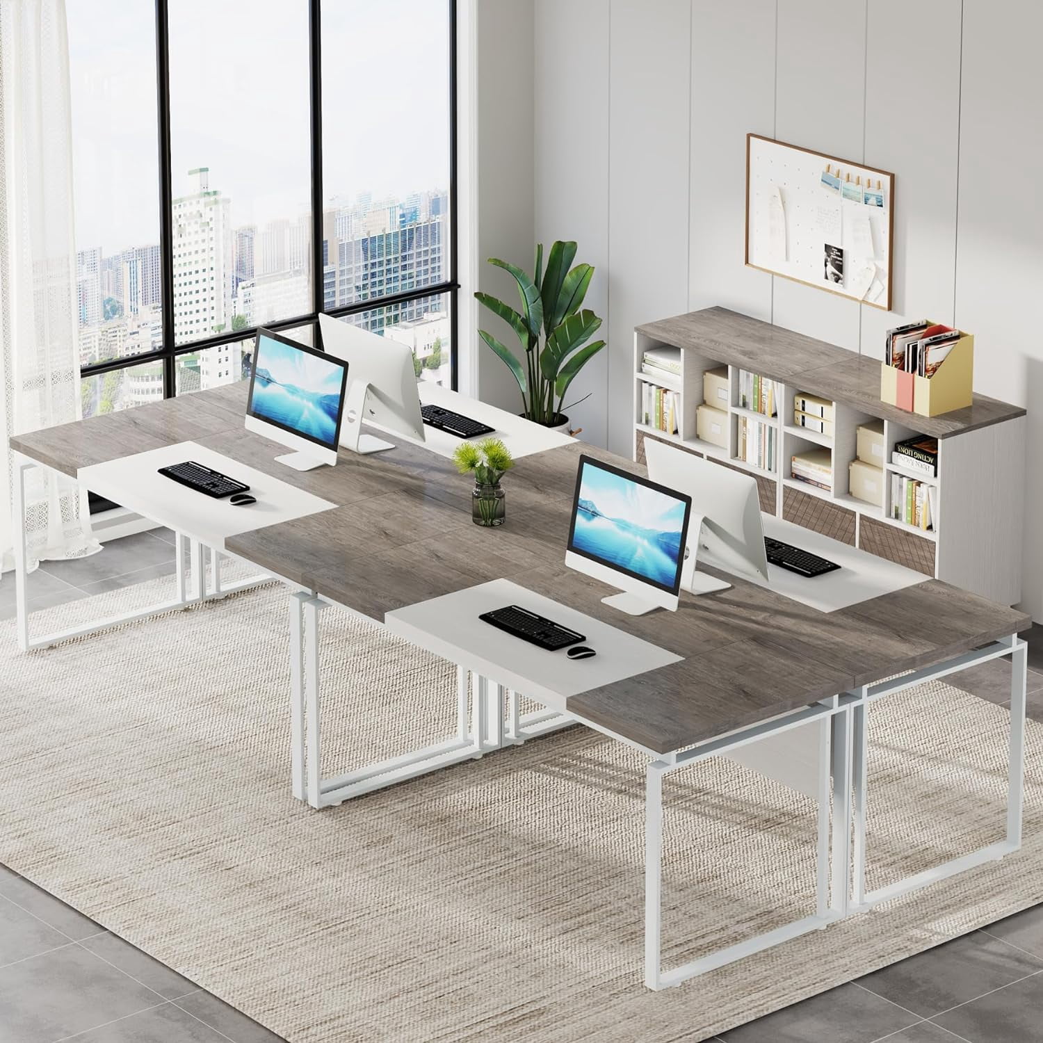 L-Shaped Executive Desk with Reversible File Cabinet, 3" Office Desk with Storage Drawers, Gray & White