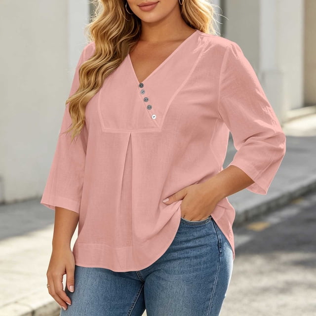 Neewe Women's Casual 3/4 Sleeve Plain V-Neck Button Decoration Pleated Blouses Tops T-Shirts S-XXL