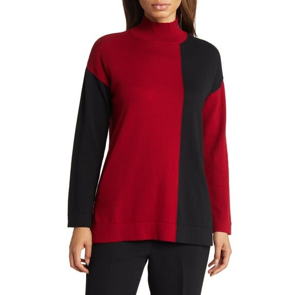 Anne Klein Vertical Colorblock Mock Neck Cotton Blend Sweater Titiananne Black L