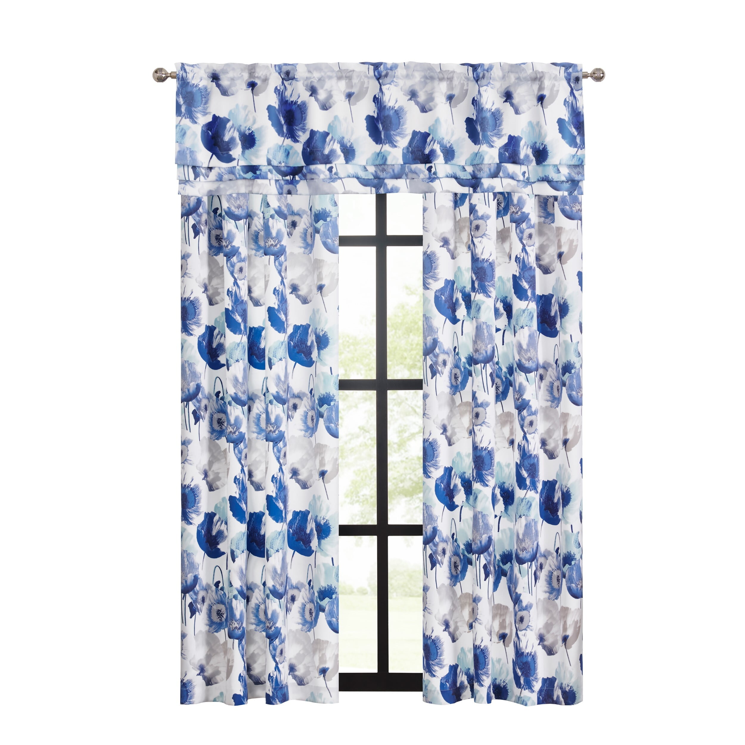 Achim Poppy Field Floral Rod Pocket Room Darkening Curtain Panel, Blue, 50" x 84"