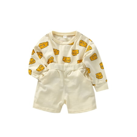 

Gureui 2Pcs Girls Boys Outfit Autumn Toddlers Cartoon Animal Cheese Printing Long Sleeve Round Collar Tops Shorts Set
