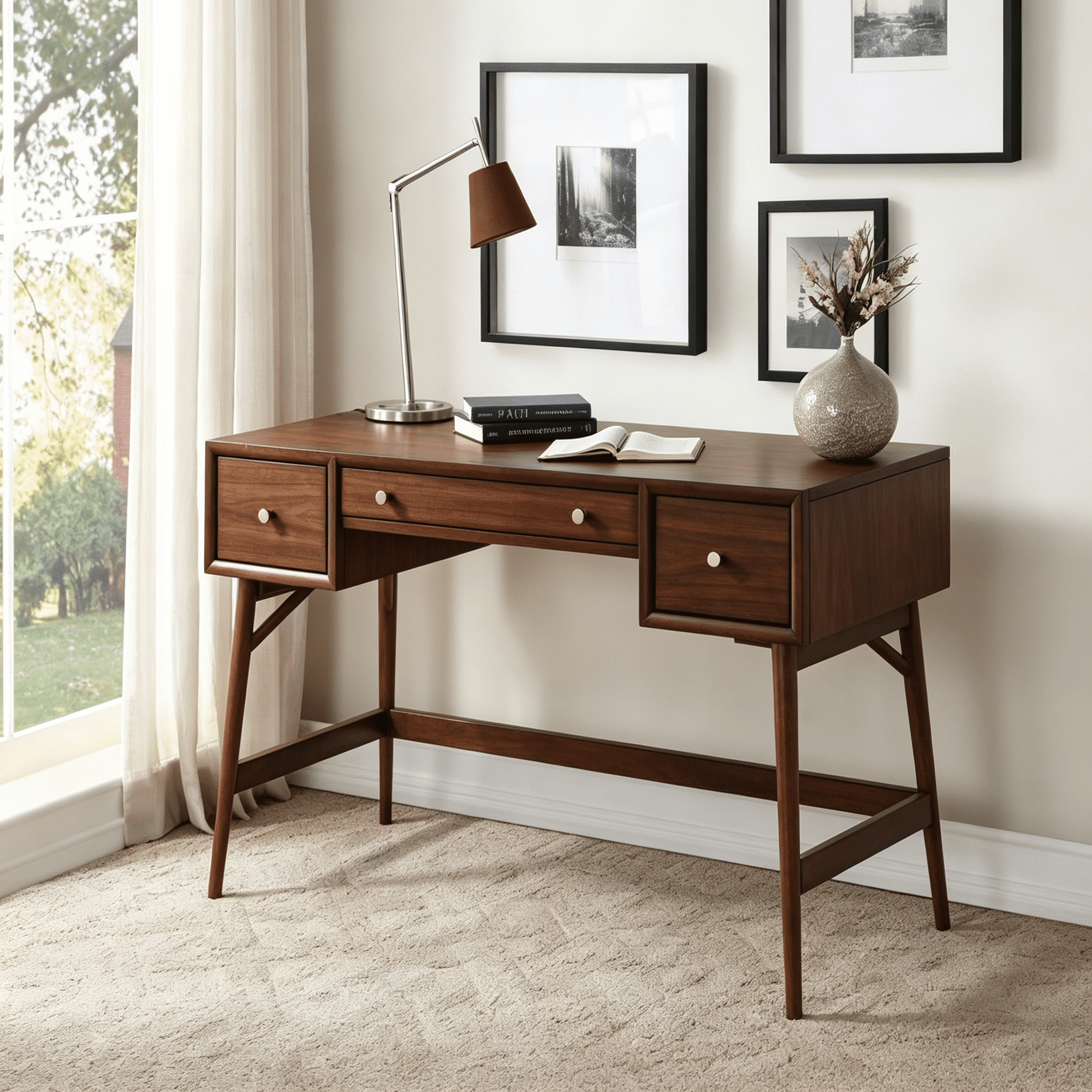 Asteroutdoor Brown Writing Desk with Drawers, Walnut Veneer, Mid-Century Style