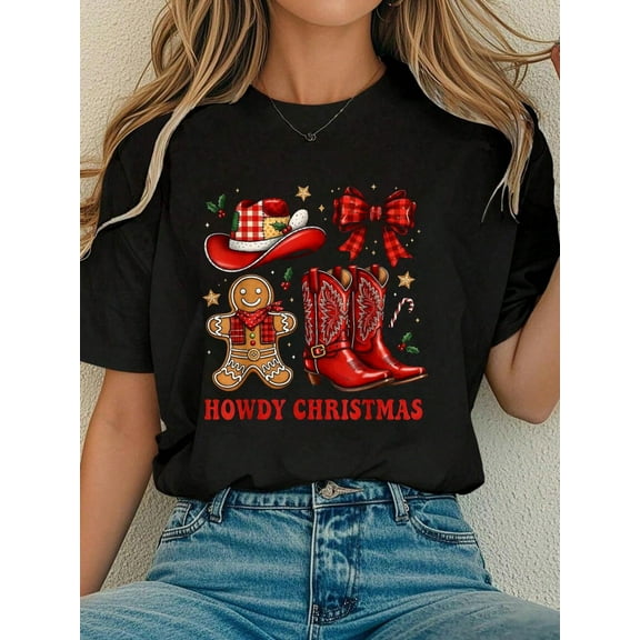 Women Cotton Tshirt Western Howdy Christmas Cowgirl Boot Coquette Bow Christmas T-Shirt Comfort Tshirt Women