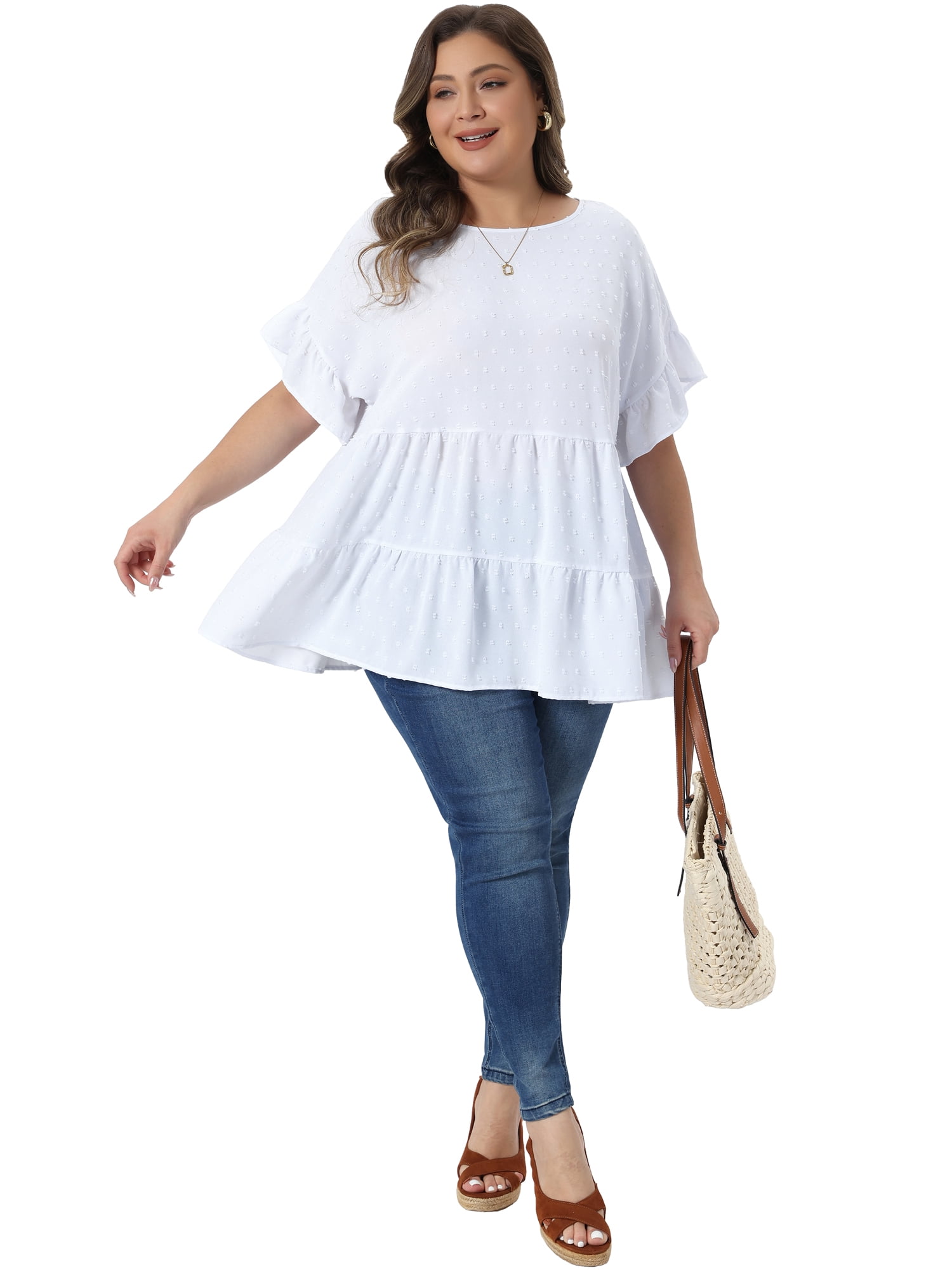Women's Plus Summer Tops Crew Neck Ruffle Short Sleeve Tiered Swiss Dots Blouses 4X White