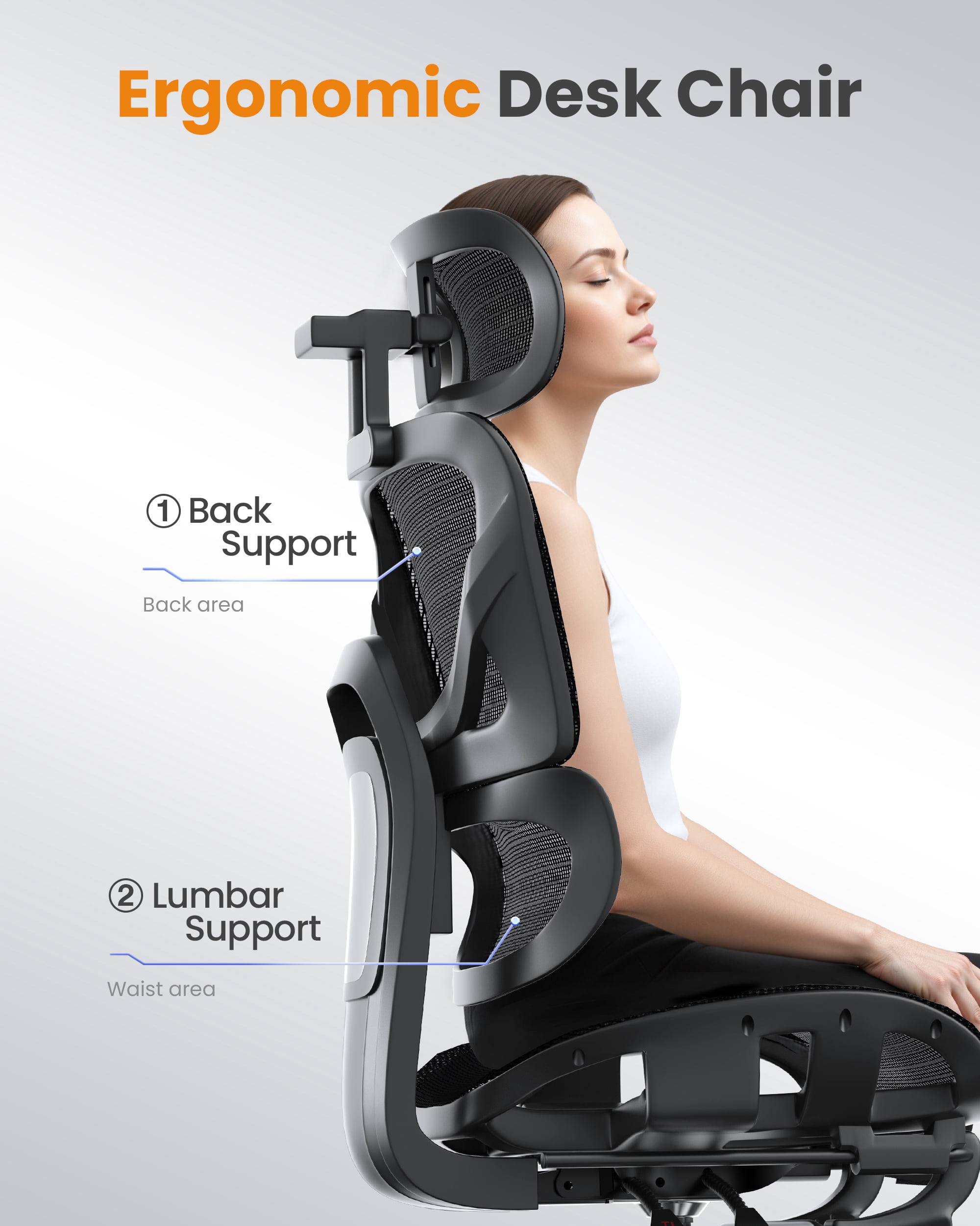 Doubleslee Ergonomic Office Chair, High Back Mesh Office Chairs with Adjustable Headrest, Lumbar Support, 3D Armrest and Footrest