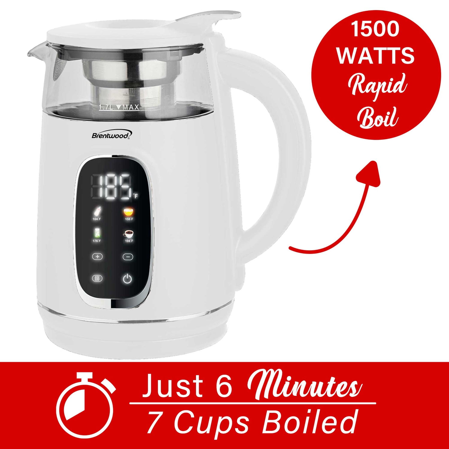 Brentwood 1,100-Watt 1.7-L Cordless Digital Glass Electric Kettle with Tea Infuser (White), KT-2018DW