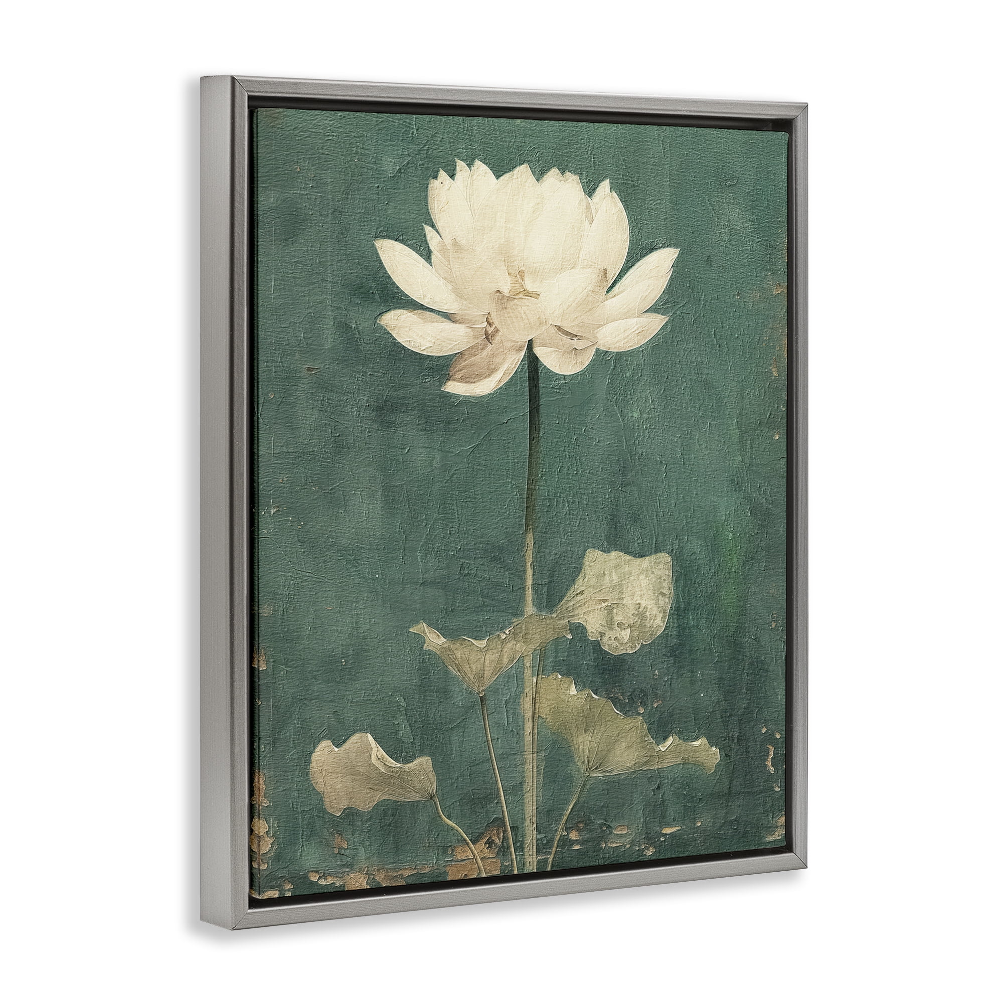 Stupell Industries Vintage Floral Bud Plants & Flowers Painting Gray Floater Framed Canvas Art Print Wall Art, 17 x 21