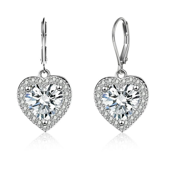 LANCHARMED 925 Sterling Silver Heart Dangle Earrings, Leverback Hypoallergenic Earring for Women Cubic Zirconia