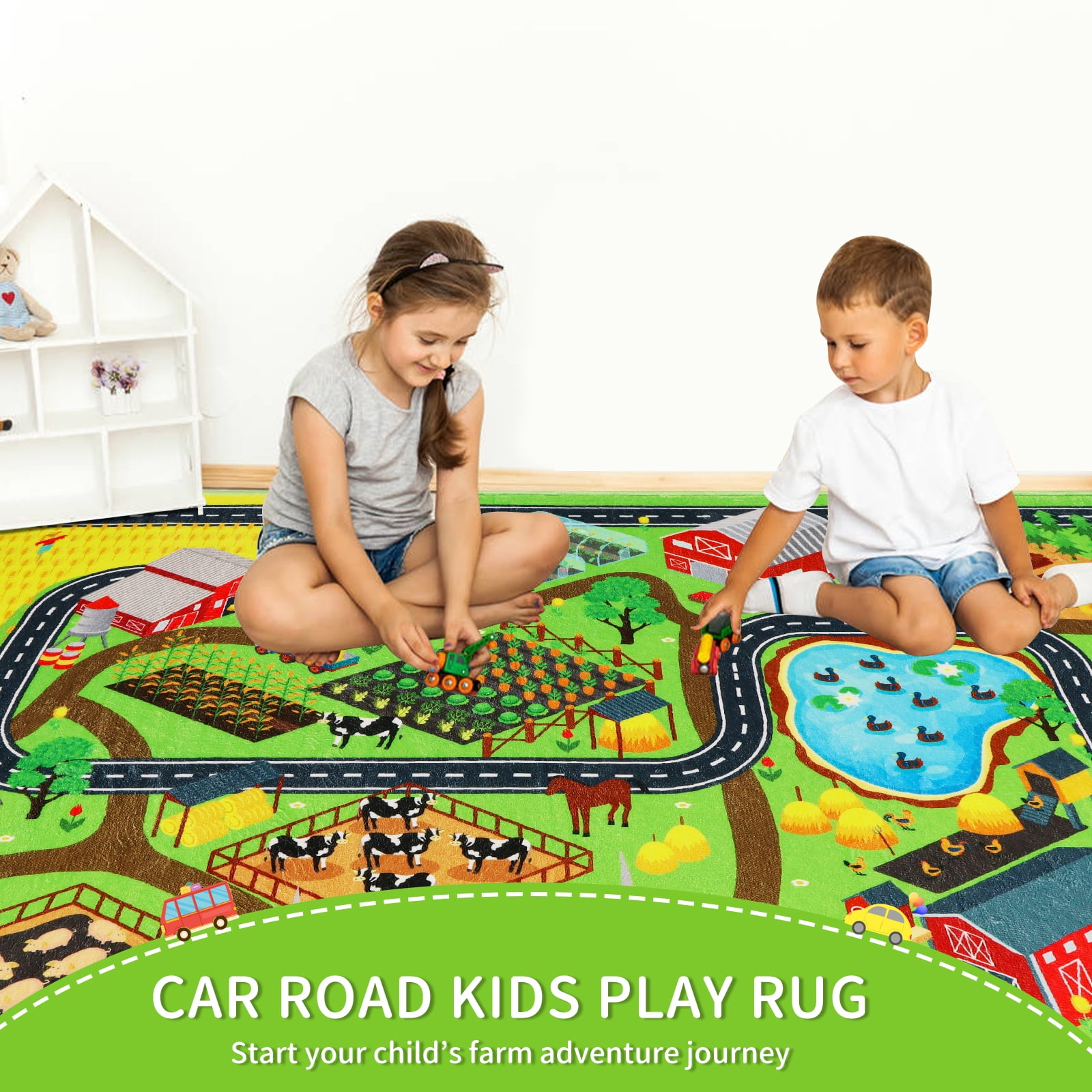 Kids Rug Car Rug for Toy Cars,Farm Life Road Traffic for Playroom Kid Car Road Rug Village Map Play Mat Non-Slip Washable Play Rug for Toddler Boy Family Tummy Time Playtime
