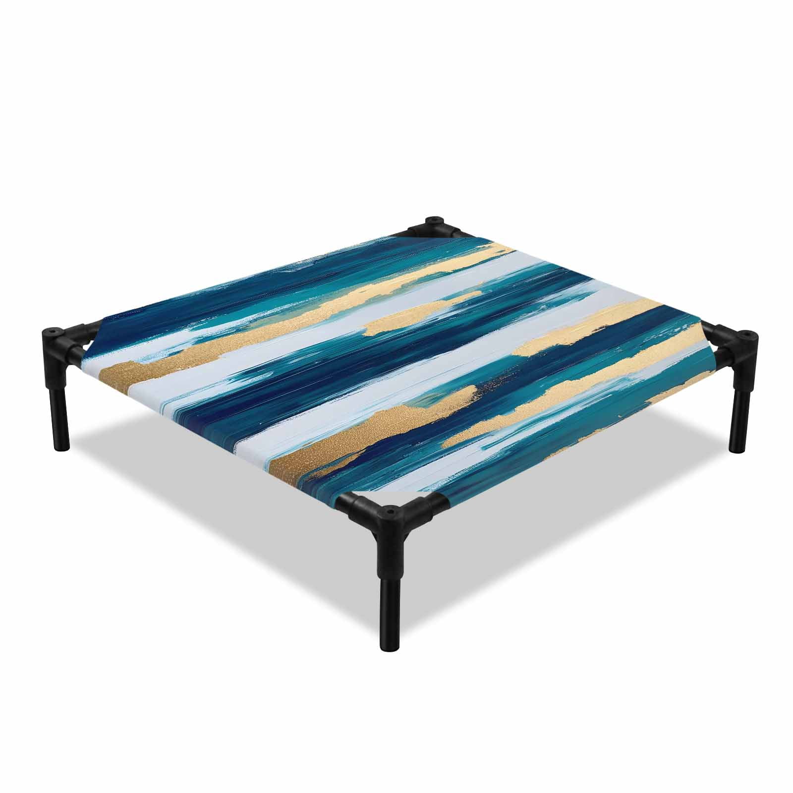 Abstract Modern Elevated Dog Bed Gold Blue Ripple Cooling Breathable Outdoor Raised Dog Cot Bed with Metal Frame Non-Slip Feet for Small Dog 20x20in
