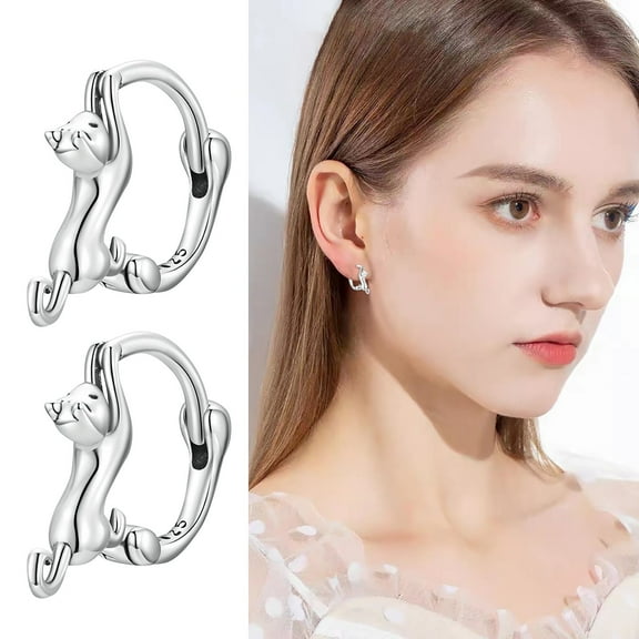 Yinguo S925 Sterling Silver Cat Earrings Simple And Cute Animal Circle Earrings