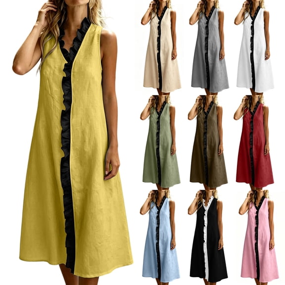 VBVC Women's Cotton Linen Sleeveless Midi Dress, Ladies' Contrast Ruffle Trim V-Neck Shift Dress, Summer Casual Vacation Dress For Women,White,S-2XL