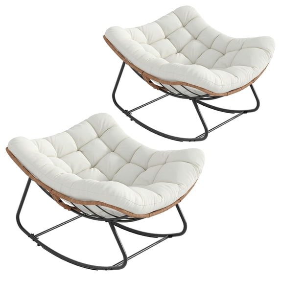 Oversized Outdoor Papasan Rocking Chair Set of 2, Handwoven Brown Rattan Egg-Style Patio Chair with Soft Corduroy Cushion for Backyard Porch Balcony – Beige