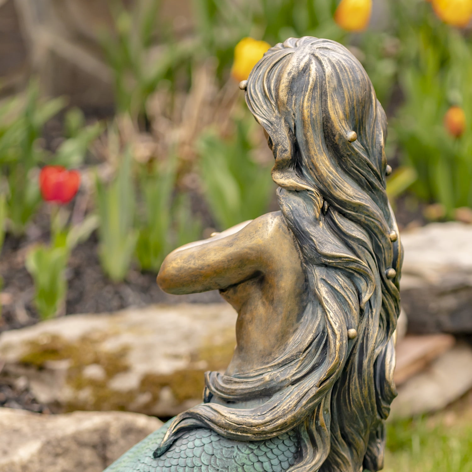 Zaer ZR340934-BZ 34 in. Tall Mermaid Sitting on Rock Garden