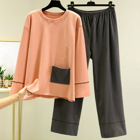 Xunlbb Womens Sleepwear Women's Warm Pocket Winter Long Sleeved Pants Loose Round Neck Pajama Set M-2XL