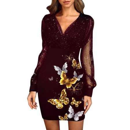 

Wyongtao Womens V-neck Dress Sexy Butterfly Printed Stitching Lace Mesh Long Sleeves Cocktail Dresses Evening Dress，XXL
