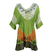 Mogul Womens Tie Dye Dress Floral Embroidered Green Rayon Beach Cover Up Dresses