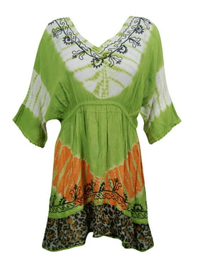 Mogul Womens Tie Dye Dress Floral Embroidered Green Rayon Beach Cover Up Dresses