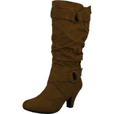 

Maggie-38 Women Knee High Kitty Heels Wide Shaft Boots Tan 10