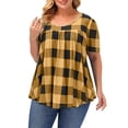 thumbnail image 2 of Camiseta de manga corta con estampado de cuello redondo para mujer, camiseta holgada informal a la moda con dibujo de cuadros para mujer, camiseta con cuello redondo amarillo 4XL, 2 of 5