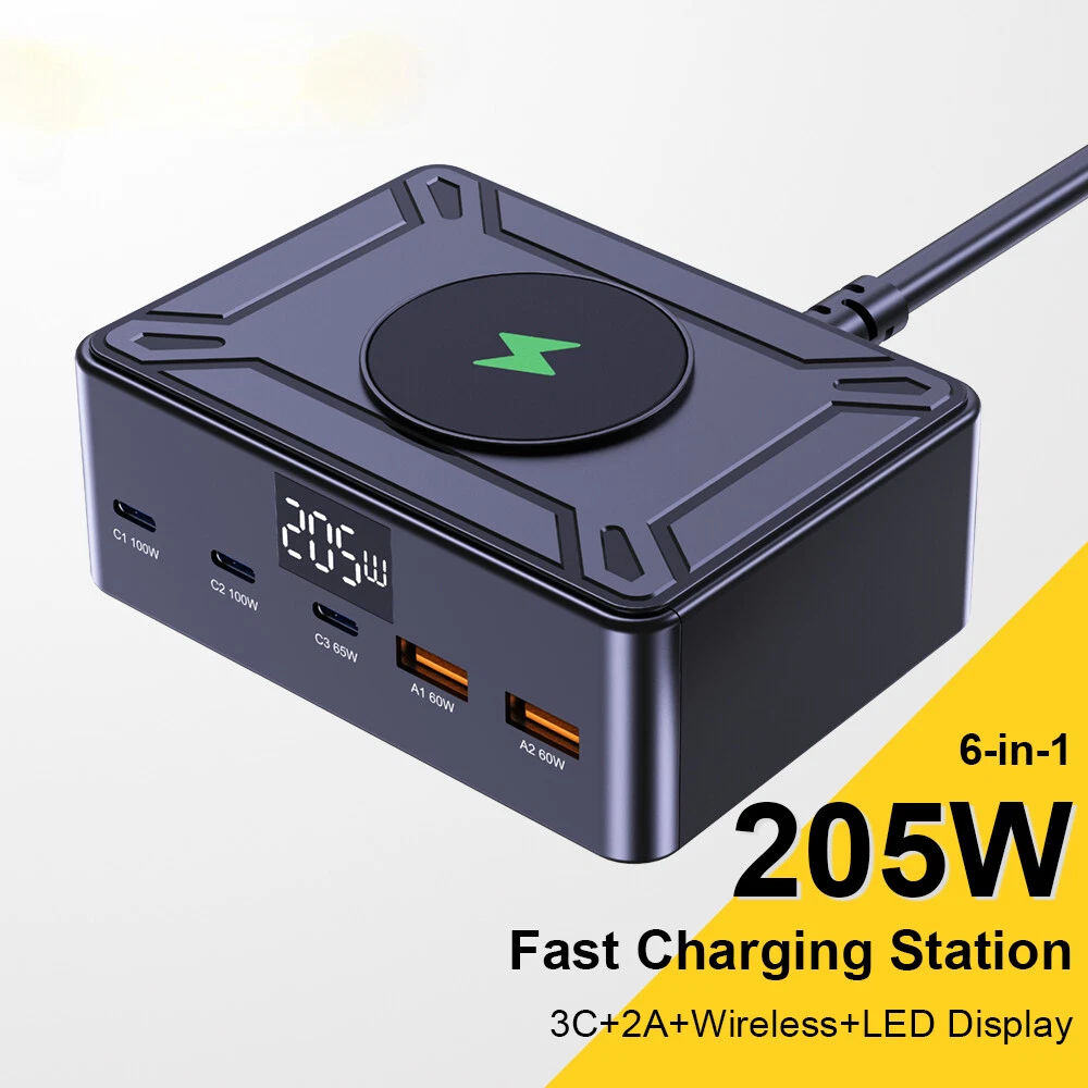 205W Desktop Charging Station: 5 Fast Charging USB Ports + 15W Wireless Pad, Smart LED Display, All-in-One Power Hub Compatible with iPhone, Android, Smartwatch, and More – Organize Your Desk, Black
