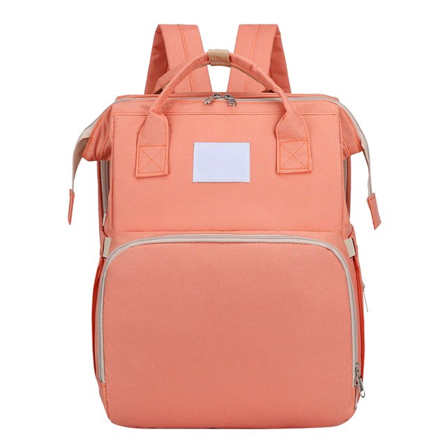 mochila pañalera con cambiador gran capacidad viaje bebé color naranja en tela Oxford; vista frontal centrada con asas superiores y correas acolchadas, bolsillo frontal con cremallera y parche blanco para logo, tamaño 42×32×22cm; incluye cama plegable que convierte la mochila en cuna portátil para viaje.