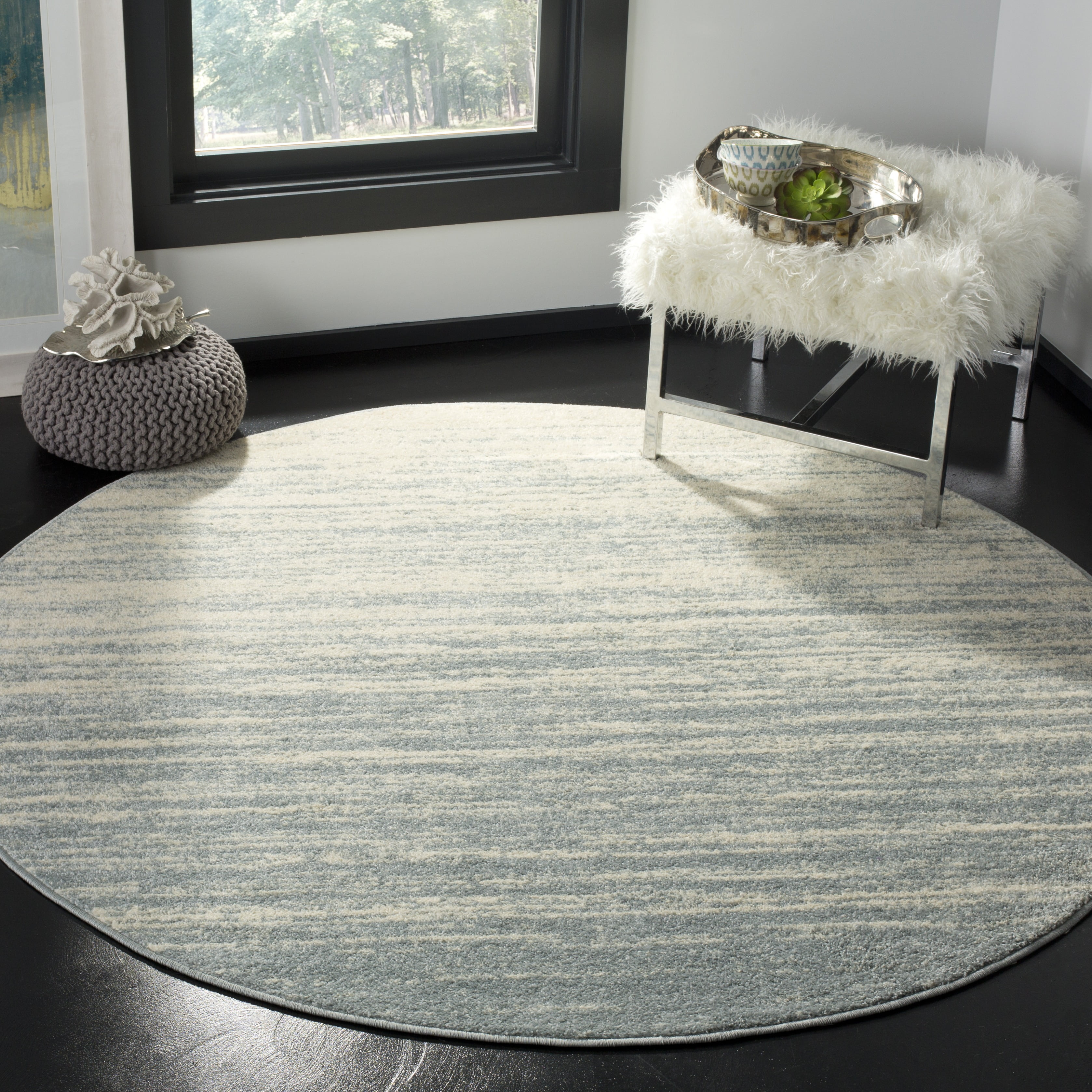 SAFAVIEH Adirondack Esmond Striped Area Rug, Slate/Cream, 9' x 9' Round - Large - Modern Design, Slate & Cream, Ideal for Living Room, Bedroom, Dining Space