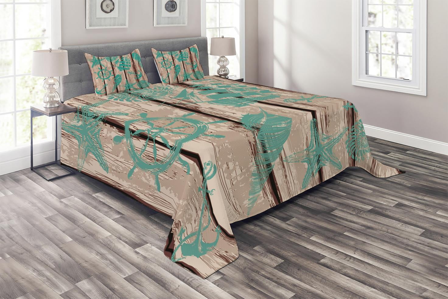 Nautical Coverlet Set King Size, Grunge Style Composition with Shell