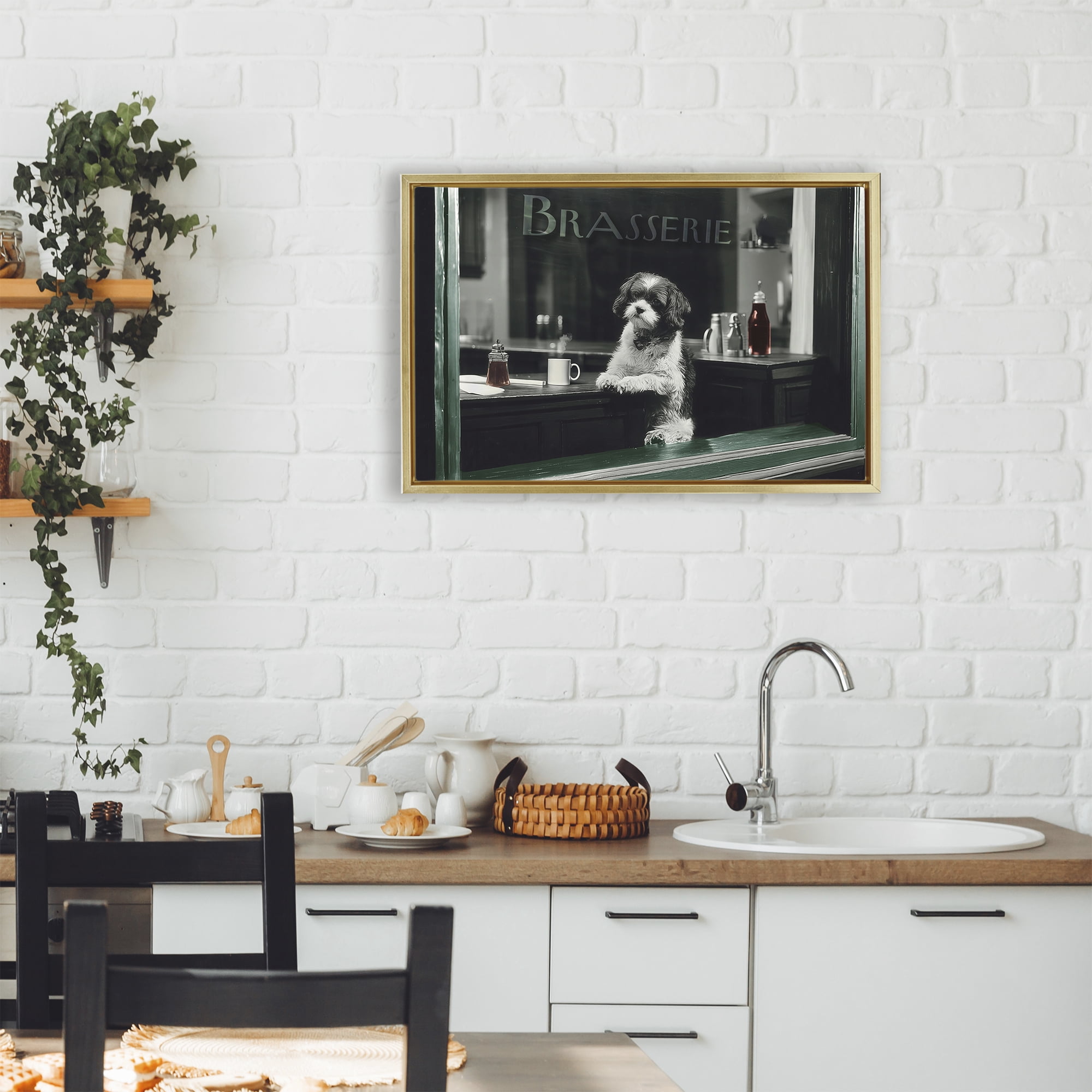 Stupell Industries Brasserie Vintage Dog in Window Gold Framed Floater Canvas Wall Art, design by Annabelle Hall