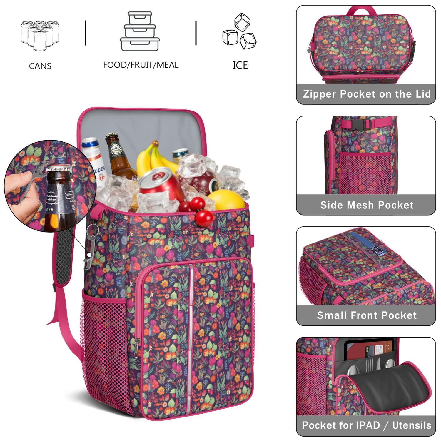 Travel Cooler Bag - Pioneer Flower Camping Beer Cooler Backpack with Bottle Opener- Waterproof Insulated Picnic Backpacks - Cooler Bag for Beach