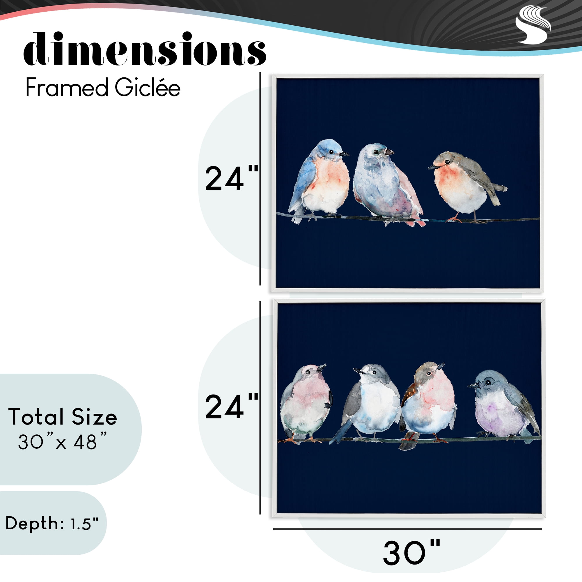 Stupell Industries Perched Navy Toned Birds 2 Piece White Framed Giclee Art Set, design by Lorenzo Collective