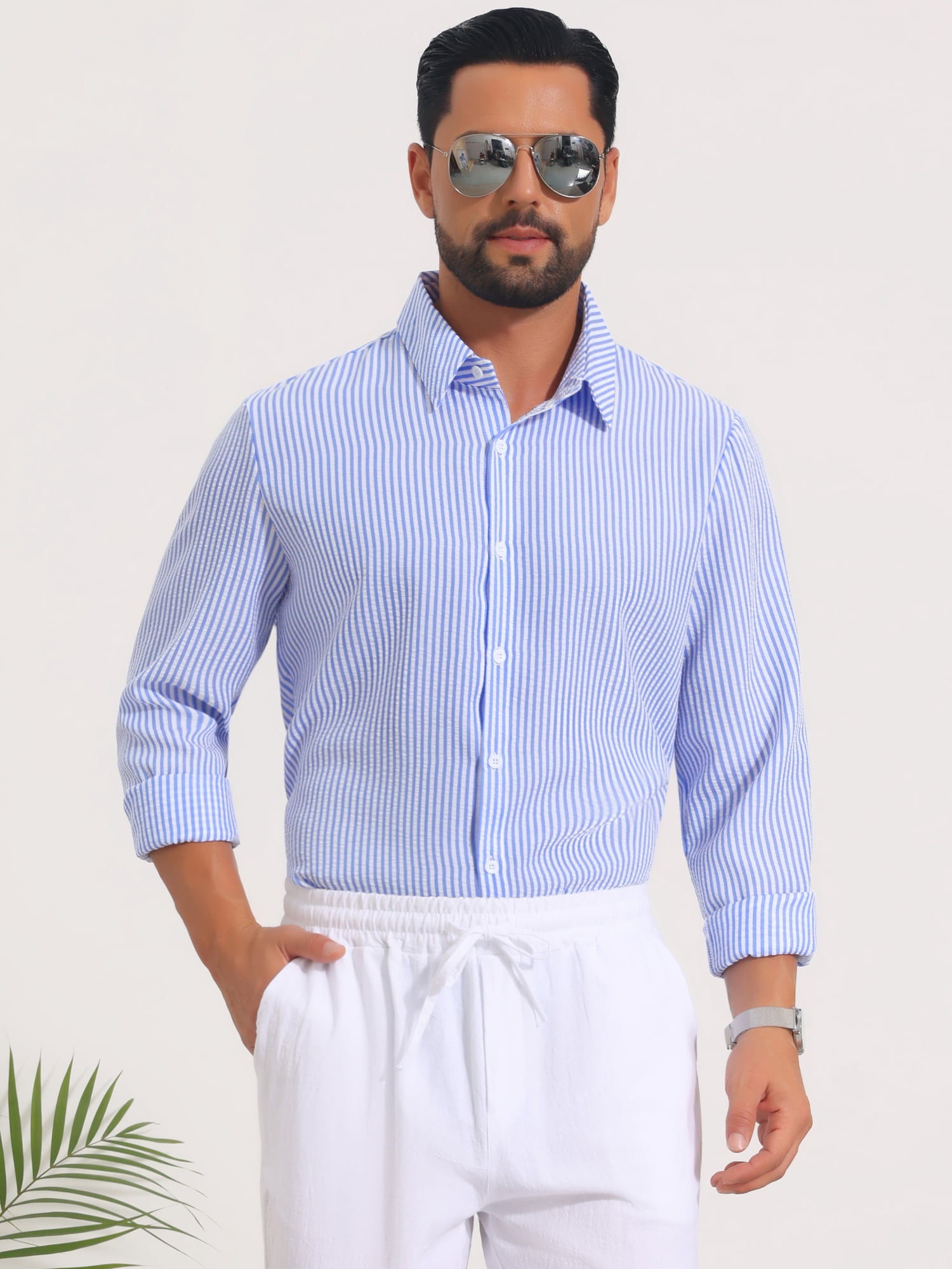 DARING DIVA Men's Seersucker Long Sleeve Button Down Textured Striped Shirts L Blue