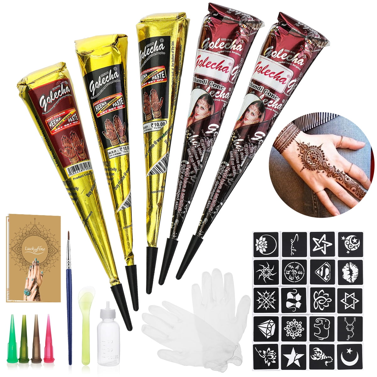5 Pcs Henna Tattoo Indian Cone Kit ,Body Natural